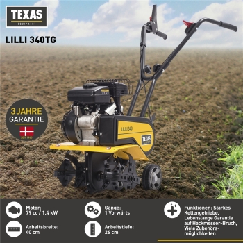 TEXAS Gartenfräse Motorhacke Bodenhacke Bodenfräse Pflug Benzin Lilli 340TG 