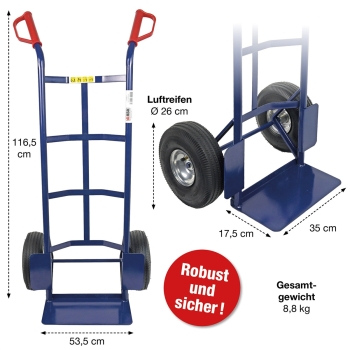 HBH® Sackkarre 200kg Luftreifen Stahlfelge TK200LU01 blau Transportkarre robust 