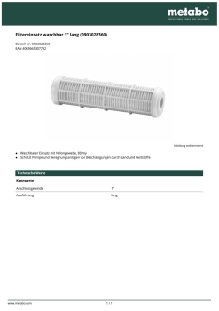 METABO Filtereinsatz 1 Zoll waschbar 80 Mikron für Hauswasserwerk 