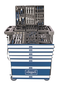 Scheppach TW1100 Werkstattwagen Premium bestückt 70 teilig Werkzeug 7 Schubladen 