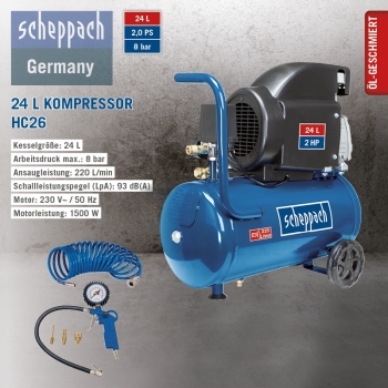 Scheppach 8bar Druckluft Kompressor HC26 Set 24L mit Spiralschlauch Reifenfüller *2.WAHL* 