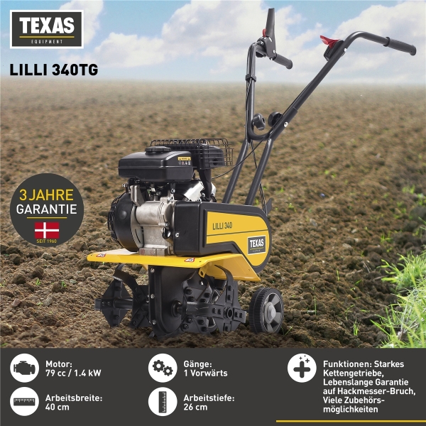 TEXAS Gartenfräse Motorhacke Bodenhacke Bodenfräse Pflug Benzin Lilli 340TG 