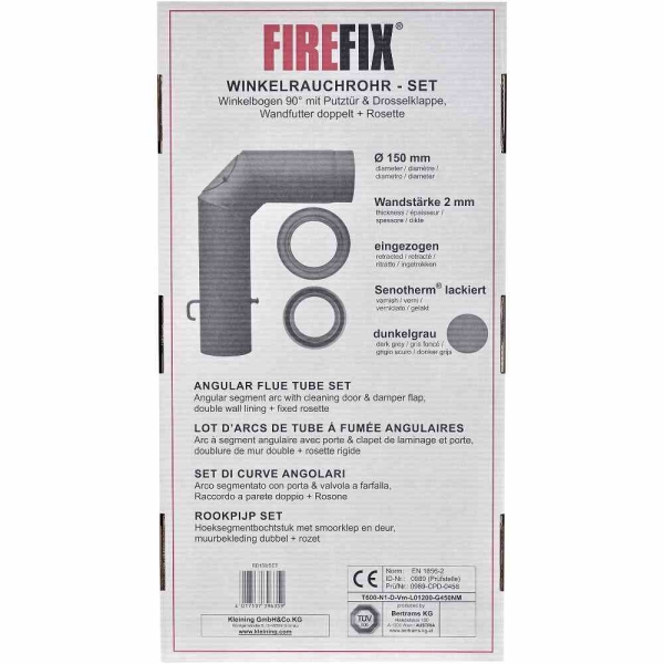 FIREFIX Winkelknieset 150 mm 3-tlg. grau, Winkelrohrset, Ofenrohr, Rauchrohr 