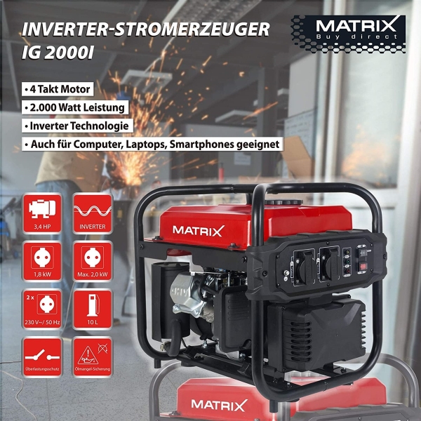 MATRIX Notstromaggregat Inverter Benzin leise 4 Takt IG2000i 2000W *Gebraucht* 