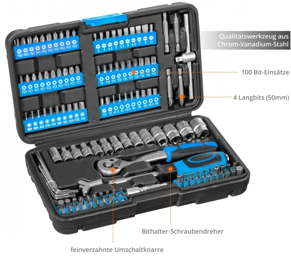 GÜDE Steckschlüssel und Bitsatz GSB 130 Werkzeugset 130 teilig in Kunststoffbox 