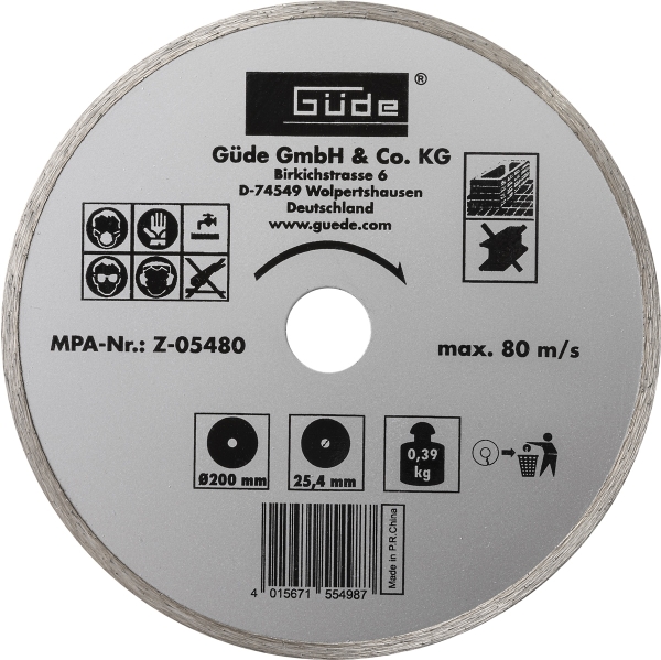 GÜDE Diamanttrennscheibe 200 x 25,4 mm Trennscheibe für Fliesenschneider RFS 200 