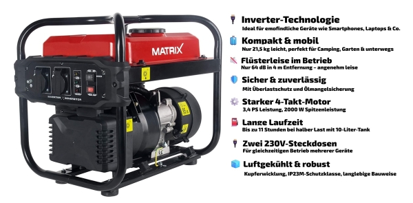 MATRIX Notstromaggregat Stromerzeuger Stromgenerator Inverter Benzin IG2000i 