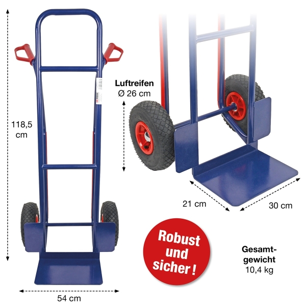 HBH® Sackkarre 200kg Luftreifen TK200LU04, hoher Ramen, blau, Transportkarre  