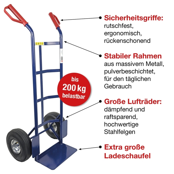 HBH® Sackkarre 200kg Luftreifen Stahlfelge TK200LU01 blau Transportkarre robust 