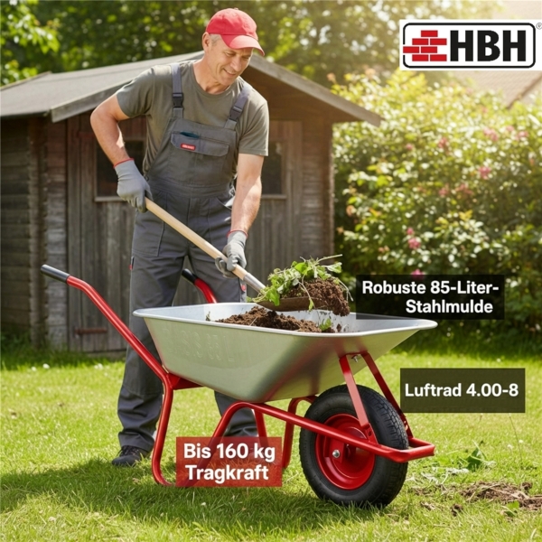 HBH® Schubkarre 85 Liter Garten Farbe rot Profi Gartenschubkarre Luftrad 160kg 