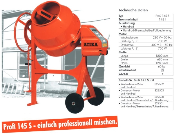 ATIKA Profi 145 S Betonmischer Mörtelmischer Mischer mit Fußbremse 230V **NEU**