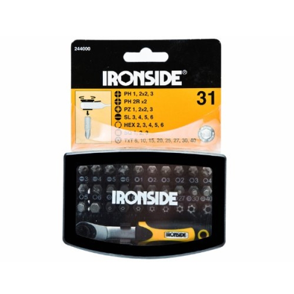 IRONSIDE Bitsatz 31-teilig inklusive Ratsche aus S2-Stahl 