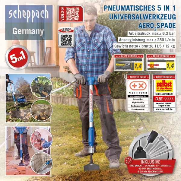 SCHEPPACH Druckluft Spaten Meißel Hammer 5in1 Werkzeug für Kompressor Aero²Spade 