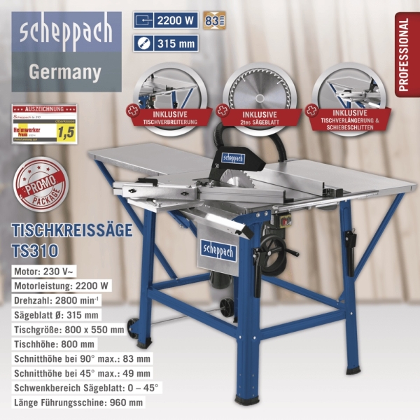 SCHEPPACH TS310 Tischkreissäge Kreissäge Tischsäge Holzsäge mit 2.Sägeblatt 230V 