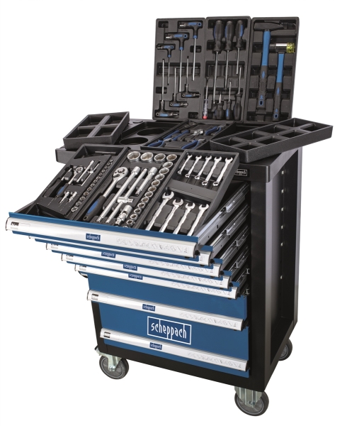 Scheppach TW1100 Werkstattwagen Premium bestückt 70 teilig Werkzeug 7 Schubladen 