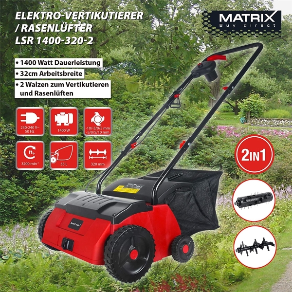 MATRIX Vertikutierer Rasenlüfter elektro LSR 1400-320-2 2in1 1400W 32cm 230V 